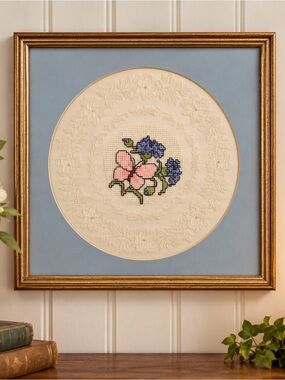 Vintage Framed Floral Cross Stitch Pink Purple Flowers Lace 12x12 Wall Art